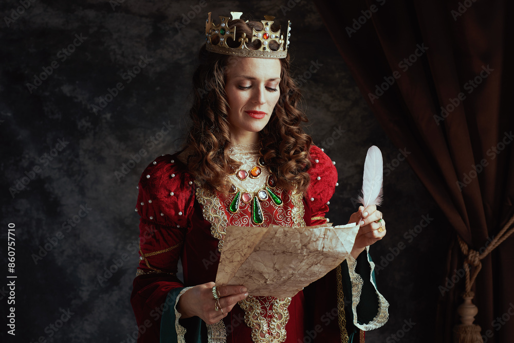 Sticker medieval queen in red dress with parchment and crown