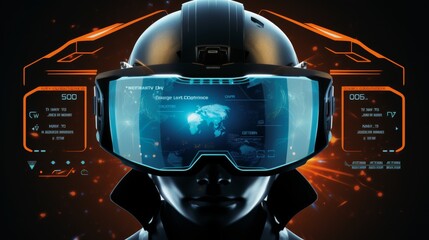 Virtual reality helmet featuring numerous display interfaces, exhibiting advanced data and communication visuals with a high-tech, sleek design for futuristic user experience.