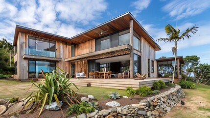 Fototapeta premium coastal home with driftwood cladding, designed to withstand harsh weather while maintaining a natural aesthetic