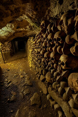 A dark tunnel with skulls and bones on the walls. The Paris catacombs.