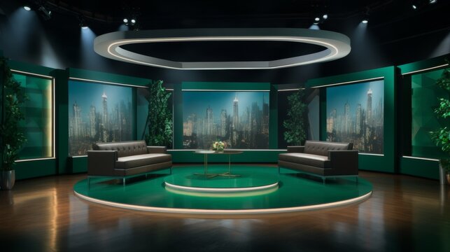 A modern studio set featuring a cityscape background with sleek, contemporary sofas arranged in a stylish layout, purposefully designed for interviews and production projects.