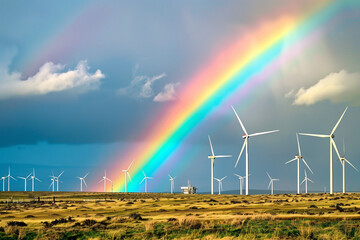 a rainbow arching over a field of wind turbines, illustrating renewable energy and natural beauty