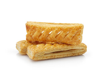 Crispy puff pastry sprinkled with sugar isolated on white background