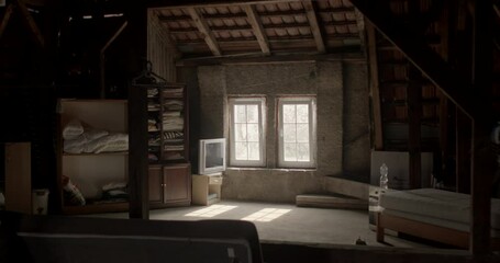 Storage area on dark attic under the roof as practical space and setting imbued with certain mystique. Dark attics often serve as settings for suspense or discovery. Sense of nostalgia, introspection