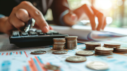 Business, finance and investment, currency exchange concept. Accountant using calculator with coins and financial report, economic graph growth, finance