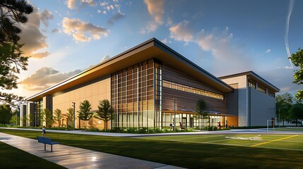 community sports complex featuring fiber cement cladding on its exteriors, chosen for its ability to withstand frequent high-impact sports use while maintaining a fresh and vibrant look