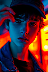 A young man with a black hat and a blue jacket is posing for a photo