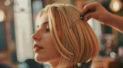 Fototapeta premium Beautiful blonde model woman in the hairdresser salon gets a new haircut