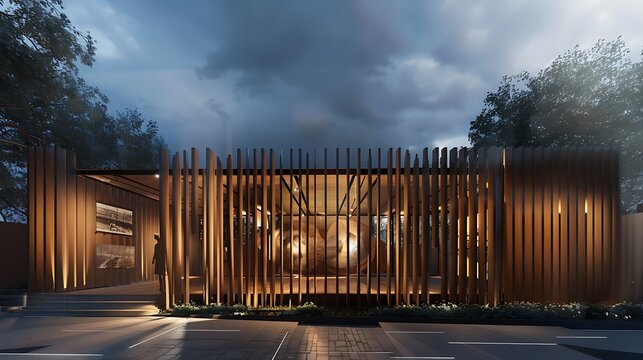 contemporary art gallery with a movable wooden facade that can be rearranged to create different exterior appearances and lighting effects