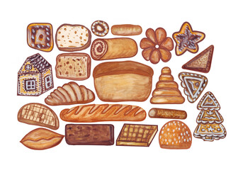 Bakery products, loaf, loaf, roll, cookies, gingerbread, pies, muffin, toast, watercolor color drawing, on a transparent background