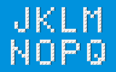 Letters of the alphabet composed of white plastic brick toy blocks on blue background. Building bricks font. Vector background illustration