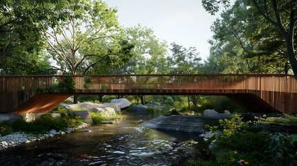 Fototapeta premium contemporary bridge made entirely of treated wood, designed to withstand the elements while providing a scenic pedestrian pathway over a river