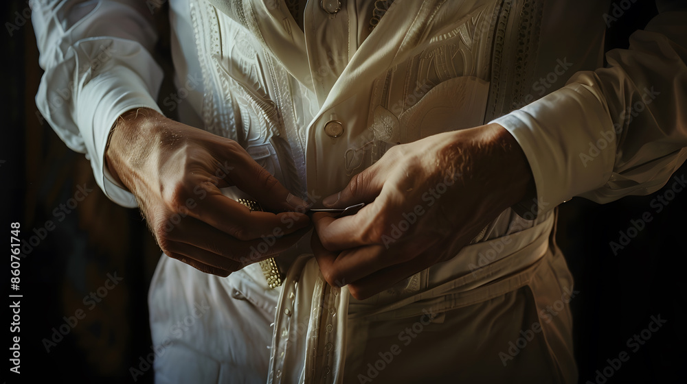 Wall mural This image intimately captures a groom in the midst of fastening his belt a pivotal step in perfecting his attire for the wedding The photograph focuses on the hands meticulously threa : Generative AI - Wall murals