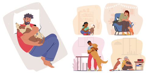 People Sharing Cozy And Comforting Moments With Their Pets At Home. Cartoon Vector Image Captures Various Adults