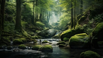 A serene forest scene featuring moss-covered rocks along a gentle stream, with lush green foliage and dappled light filtering through the trees creating a peaceful atmosphere.