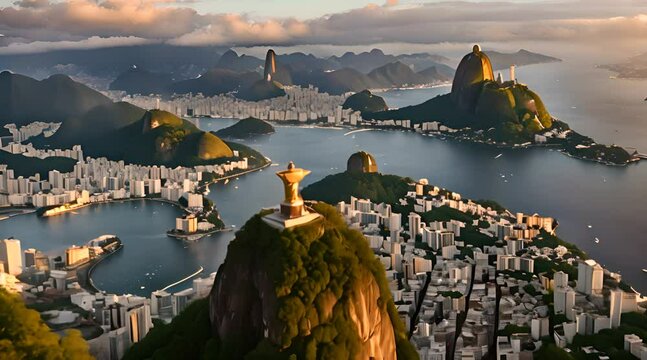 Rio de Janeiro, Brazil, aerial view of Rio cityscape including Christ the Redeemer statue and Sugarloaf Mountain