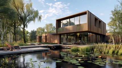 Obraz premium contemporary watermill with a modern wooden design, combining historical architecture with modern energy-efficient principles