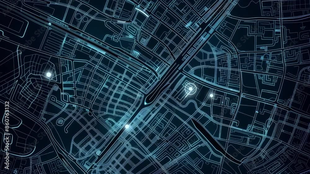 Wall mural gps map navigator system animation. route destination 3d city streets. searching direction, track or