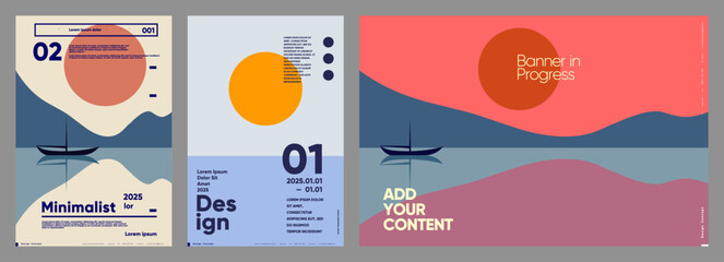 A series of minimalist vector posters with soothing nautical themes, featuring abstract shapes and customizable text areas for a serene and modern design aesthetic.
