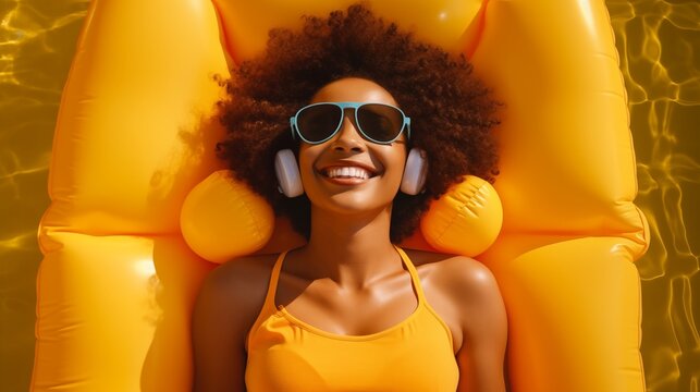 Top view of happy African American female in sunglasses with Afro hair lying on inflatable yellow air mattress near swimming pool and listening to songs on headphones