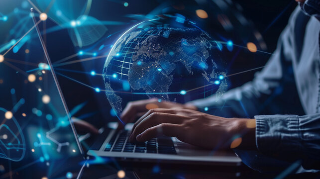 Technical support customer service concept, software engineer using laptop computer with customer support and global network, internet technology, it support, digital system service