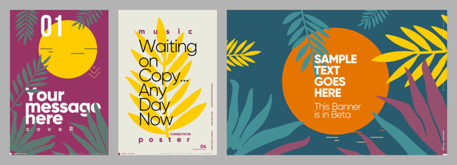 A collection of tropical-themed vector posters with vibrant colors and editable text spaces, perfect for marketing covers, event banners, and creative media projects.