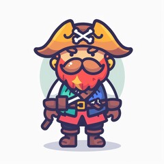 Obraz premium Pirate character isolated on white background, suitable for baby print or t-shirt design, flat cartoon sticker, bright colors, thick lines and solid colors, minimalism