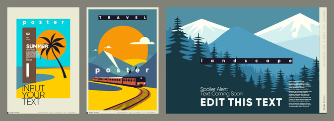 Vibrant collection of travel-themed vector posters with bold colors and customizable text, showcasing scenes from sunny beaches to mountain landscapes, perfect for various media and event displays.