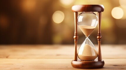 Classic hourglass with golden sand on wooden table, blurred background. Concept of time, patience, and the passage of moments.