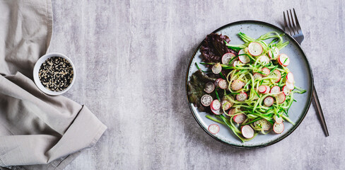 Vegetarian vegetable salad of radish, cucumber, lettuce on a plate top view web banner