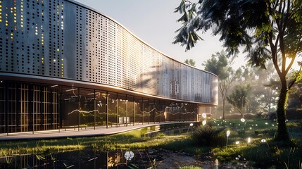 futuristic data hub with a fa? section ade made from heat-dissipating fiber cement panels, designed to keep the buildinga??s critical technology cool naturally