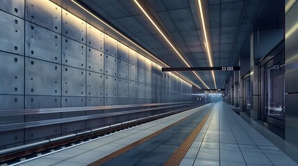 Obraz premium futuristic urban train station with a facade of sleek, metallic fiber cement panels, designed to reflect the dynamic speed of the city's transit system while providing lasting durability