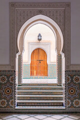 Meknes, Morocco - March 21, 2024: Mausoleum of Moulay Ismail interior in Meknes in Morocco. Mausoleum of Moulay Ismail is a tomb and mosque located in the Morocco city of Meknes