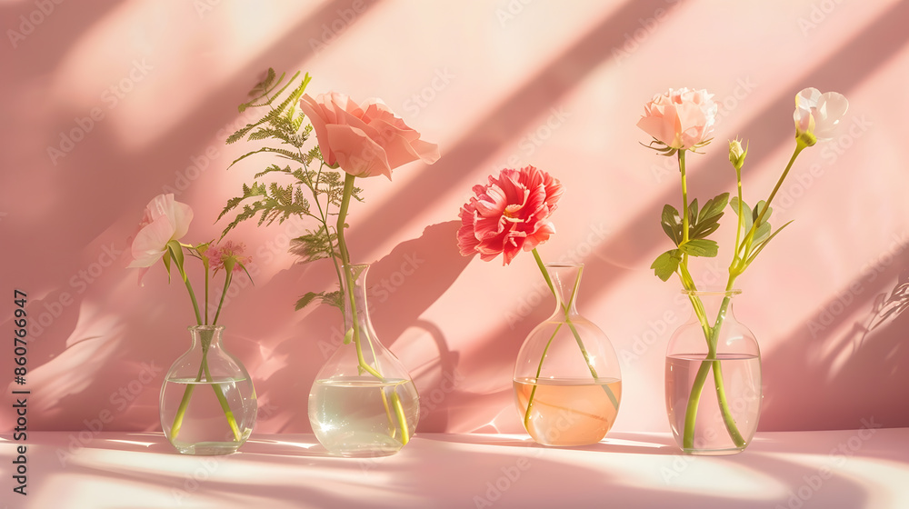 Poster beautiful flowers in glass vases on pastel sunlit background with shadows nature concept minimal sty