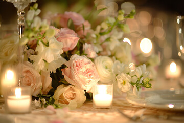 Obraz premium A close-up view reveals a beautifully decorated dinner table adorned with a centerpiece of pink and white flowers