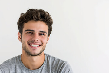 Fototapeta premium A good-looking man with an attractive smile is pictured against a clean white background