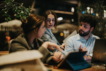 Dedicated businesspeople working together in a coffee bar late at night, focusing on completing a project to meet deadlines.