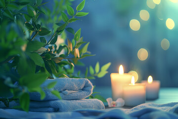 A serene blue spa and wellness background features soft candlelight, neatly folded towels, and lush green plants