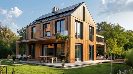 Fototapeta premium high-tech home with smart wooden cladding that adjusts automatically to weather conditions for optimal comfort and energy savings