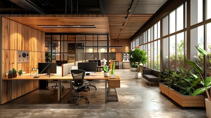 high-tech startup office with a modular wooden interior, designed to be easily reconfigured as the company grows and changes