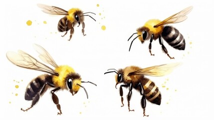 A quartet of bees is seen engaging with yellow flowers, showcasing the essential role they play in pollination in this beautifully detailed watercolor-style image.