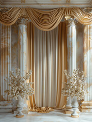 pastel cream sky, stone pillars, gold satin draped fabric, plain gold backdrop