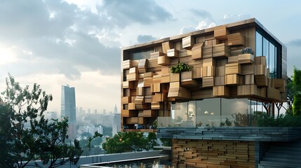 house with a dynamic facade of wooden blocks that appear to float, set against a modern cityscape