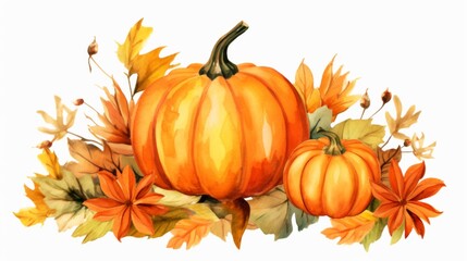This image shows two pumpkins accompanied by autumn leaves and orange flowers, creating a charming and colorful display that captures the essence of the fall season.
