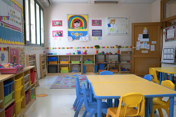 The classroom of a daycare center sits empty, devoid of children and teachers. Brightly colored educational materials and playful decorations adorn the walls and shelves