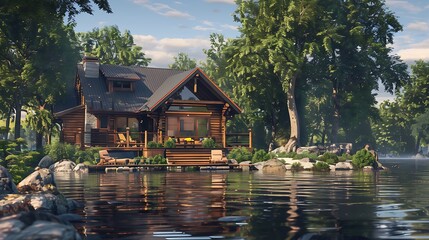 Fototapeta premium lakeside cabin with an all-wood construction, designed to provide panoramic views of the lake while maintaining privacy and coziness