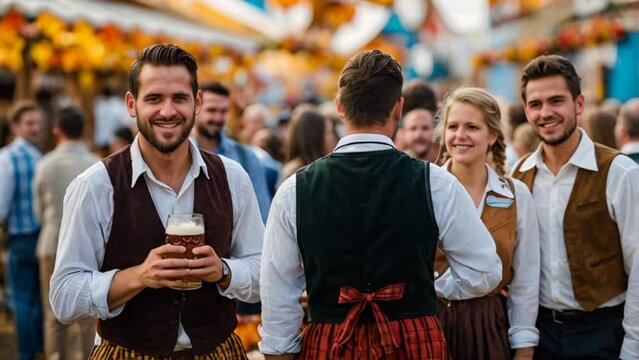 Young adults enjoying Oktoberfest in Bavarian costumes, drinking beer video animation