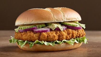 Crispy fried chicken sandwich with lettuce, tomato, onion, and pickle