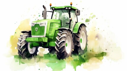 The image showcases a green tractor with large tires making splashes on a grassy field, representing agricultural machinery in action with a focus on farming and agriculture.