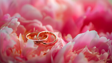 Two gold rings on peonies macro photo horizontal blurry background selective focus Weddings conept : Generative AI